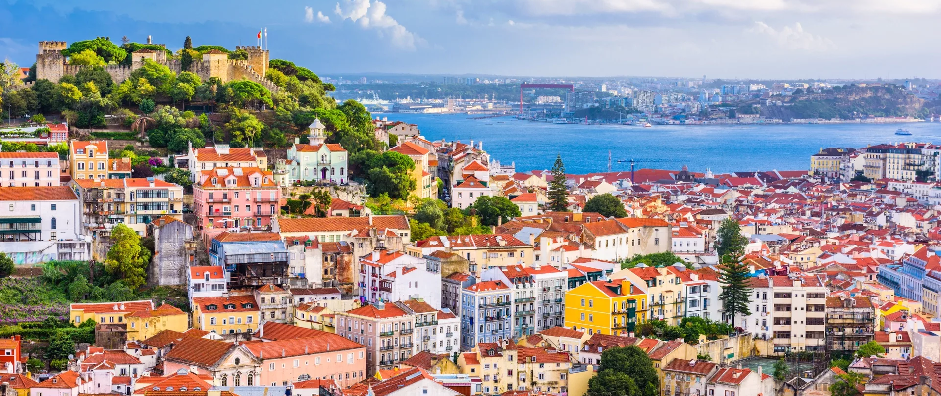 Panoramic view of Lisbon with São Jorge Castle, colorful houses, and the Tagus River in the background.