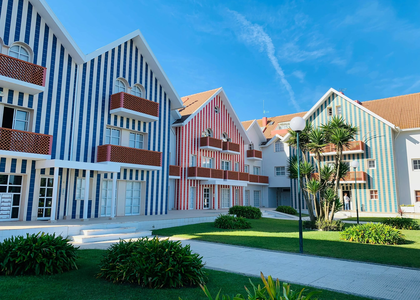 Colorful striped houses in Costa Nova, Portugal, under a bright blue sky with palm trees and a green garden