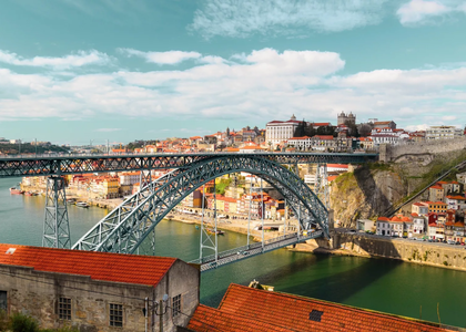 Panoramic view of the Dom Luís I Bridge over the Douro River in Porto, Portugal.