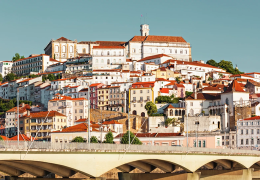 Scenic view of the University of Coimbra hilltop, a UNESCO World Heritage Site, with historic buildings and traditional houses at sunset.