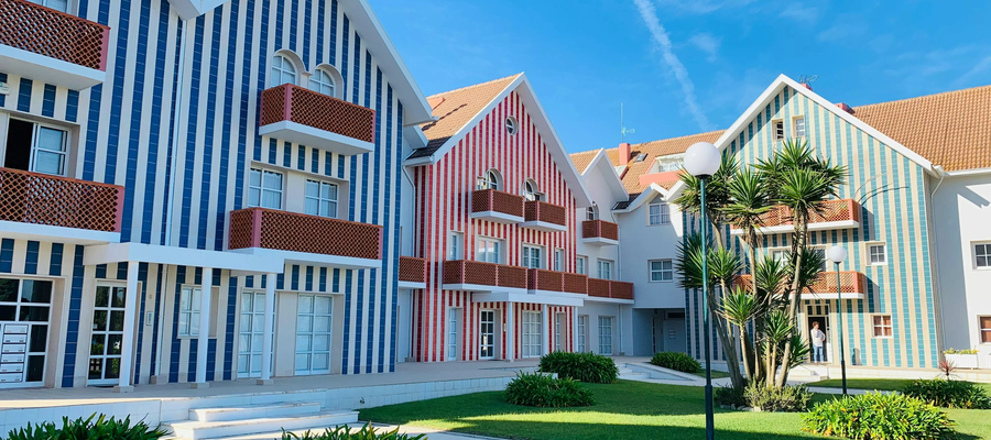 Colorful striped houses in Costa Nova, Portugal, under a bright blue sky with palm trees and a green garden