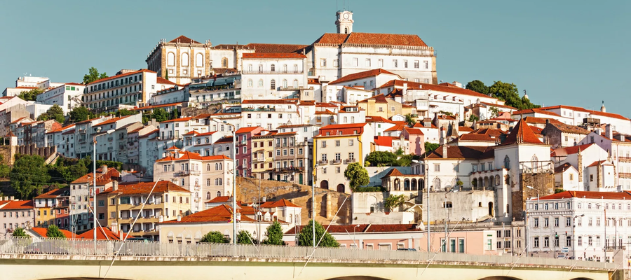 Scenic view of the University of Coimbra hilltop, a UNESCO World Heritage Site, with historic buildings and traditional houses at sunset.
