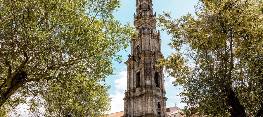 Clérigos Tower in Porto, Portugal, surrounded by green trees under a blue sky.