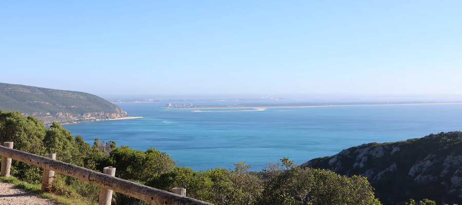 Landscape from Arrábida with view of the blue sea, Tróia Peninsula and Sado Estuary
