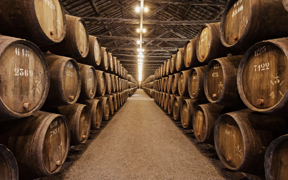 Inside a traditional wine cellar in Vila Nova de Gaia with rows of oak barrels aging Port wine.