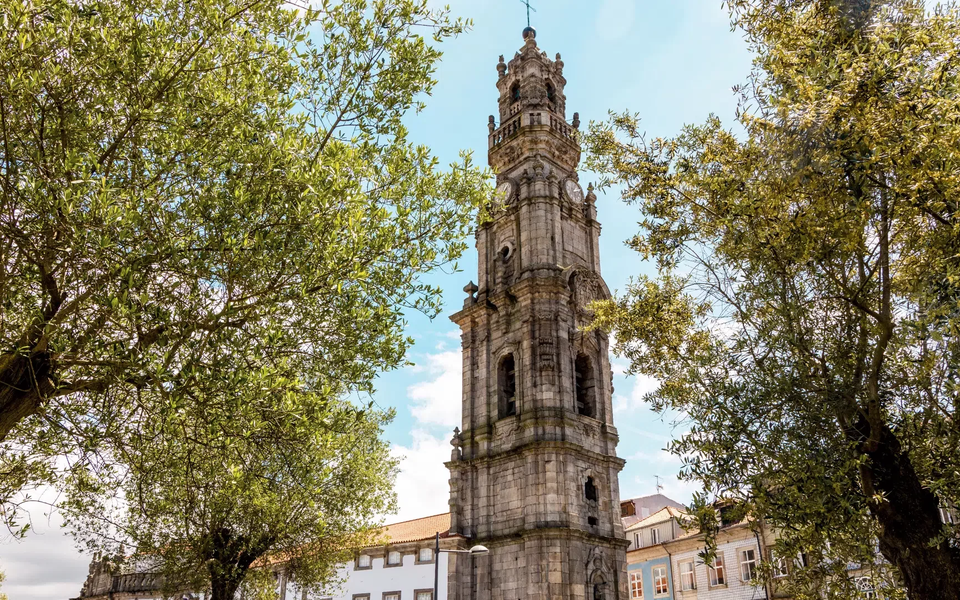 Clérigos Tower in Porto seen through lush green trees on a sunny day in the historic city center.