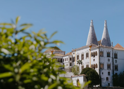The National Palace of Sintra with its iconic twin chimneys, seen from a green garden under a clear blue sky.