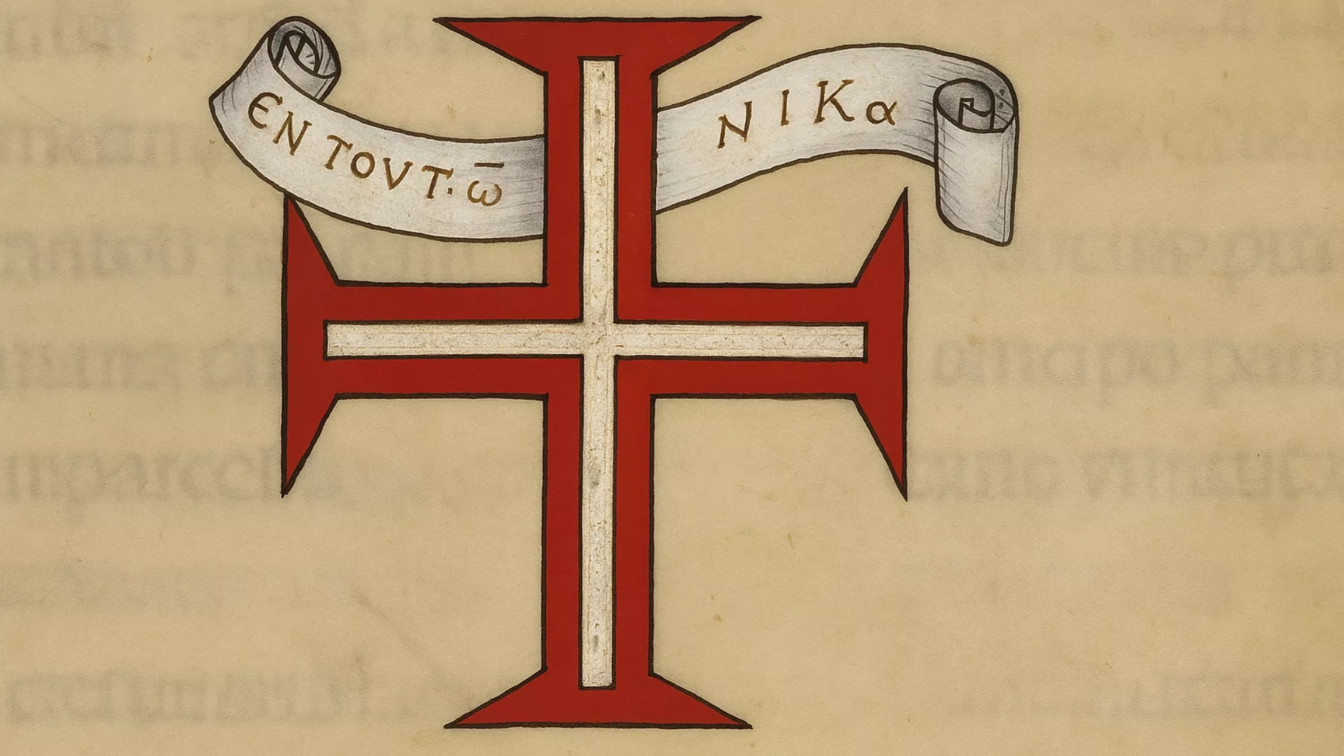 Red cross of the Order of Christ with a Greek scroll, symbolizing divine victory.