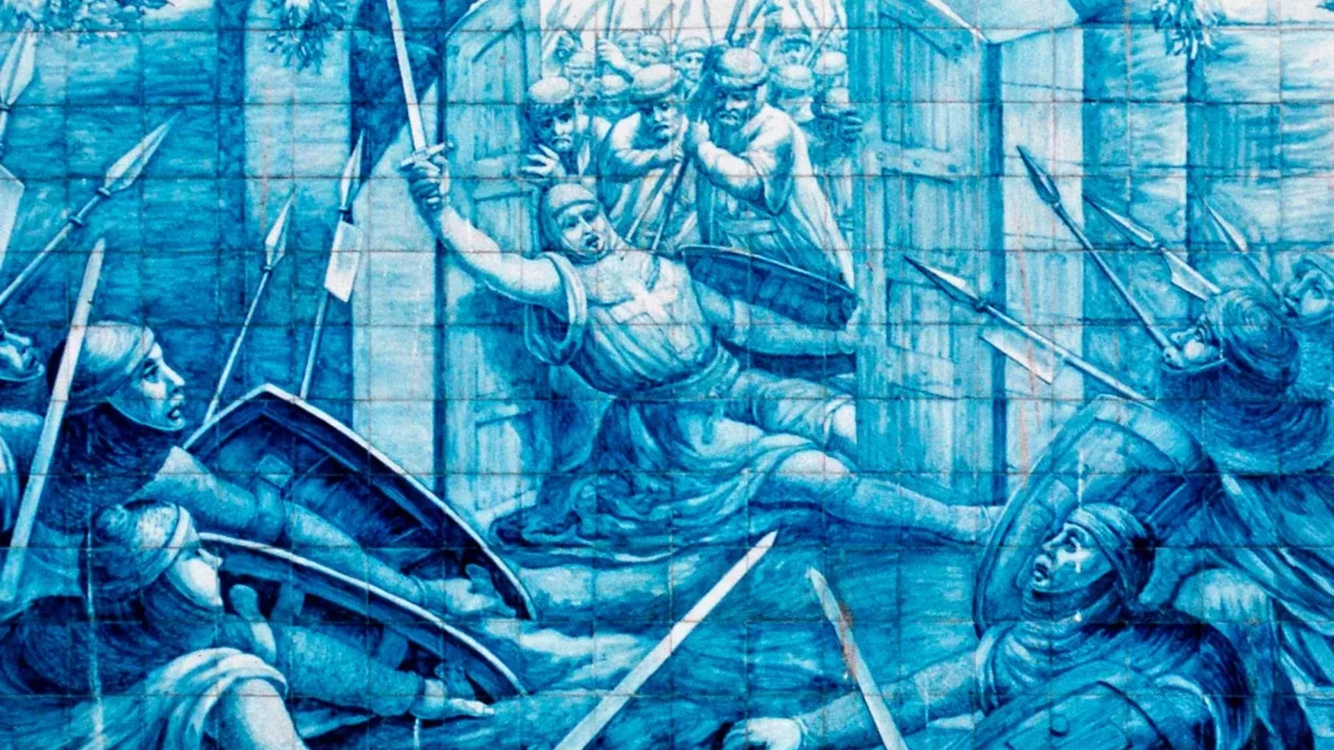 Tile panel depicting Martim Moniz heroically sacrificing himself at the gates during the Siege of Lisbon in 1147.