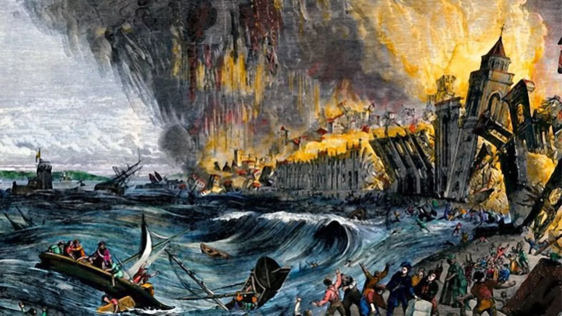 Artistic depiction of the Great Lisbon Earthquake of 1755, showing fire, tsunami waves, and people fleeing in chaos.