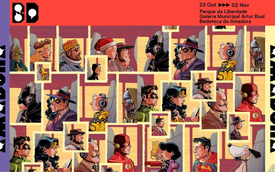 Official poster for Amadora BD 2025, Portugal’s international comic book festival. The artwork features comic book and cartoon characters such as Superman, Wonder Woman, Batman, Tintin, The Flash, and Charlie Brown, seated in a grid layout with headphones, as if on a train. The design blends nostalgia and pop culture, promoting the festival held from October 23 to November 2 across venues in Amadora.