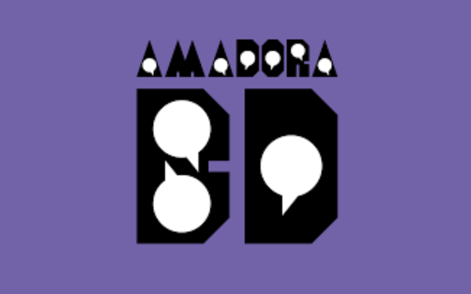 Official logo of the Amadora BD international comic book festival in Portugal. The logo features bold black and white speech bubble icons arranged to form the letters "BD" (short for "banda desenhada") against a solid purple background, with the word "Amadora" displayed above in a stylized geometric font. Ideal for branding materials and event identity for the 2025 edition.