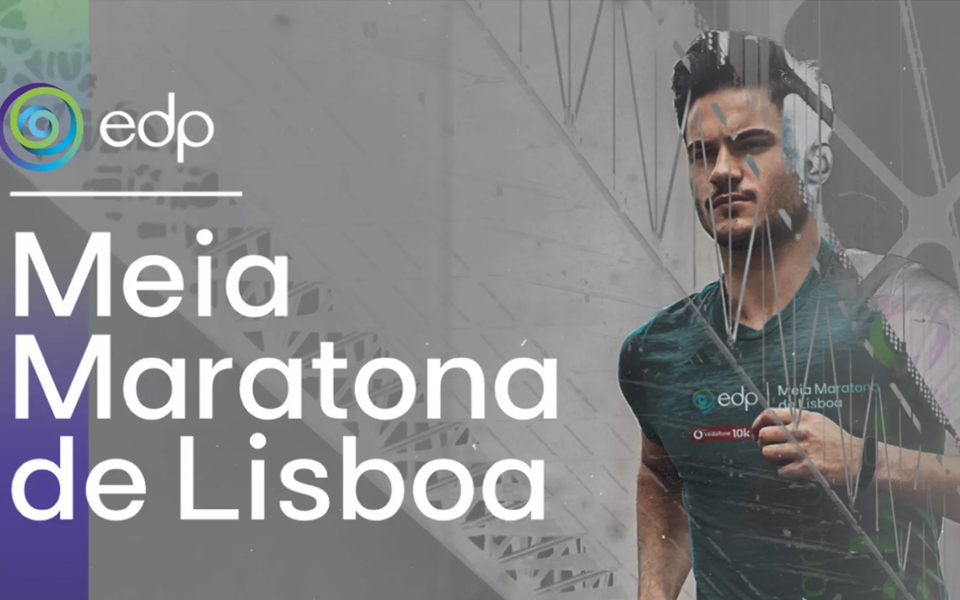 Promotional poster of the EDP Lisbon Half Marathon featuring a male runner in sports gear