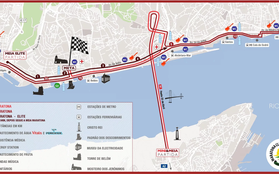 Official route map of the EDP Lisbon Half Marathon 2025, showing the course from the 25 de Abril Bridge to Belém