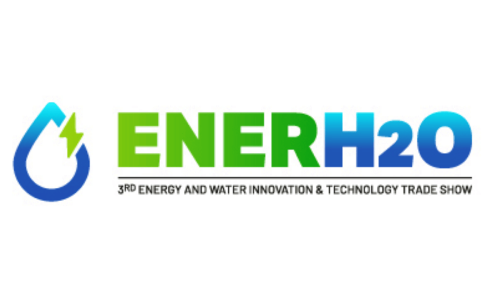 Logo for ENERH2O 2025, the 3rd Energy and Water Innovation & Technology Trade Show. The logo features a water droplet with a green lightning bolt, and the event name “ENERH2O” in green and blue gradient, symbolizing sustainability and innovation.