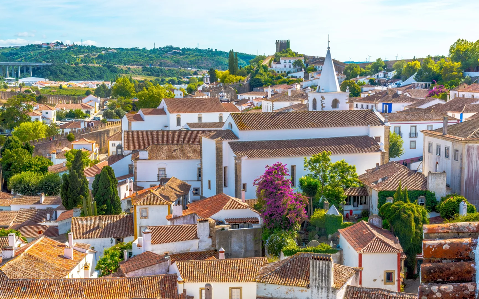 White houses with tiled roofs in Óbidos and medieval wall in the background