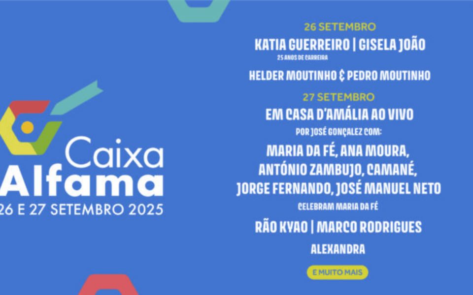 Official poster for Caixa Alfama 2025, a Fado music festival in Lisbon, held on 26–27 September. The lineup includes Katia Guerreiro, Gisela João, Helder & Pedro Moutinho, Ana Moura, António Zambujo, Camané, Jorge Fernando, Rão Kyao, Marco Rodrigues, Alexandra, and more. Set against a blue background with Caixa Geral de Depósitos branding.