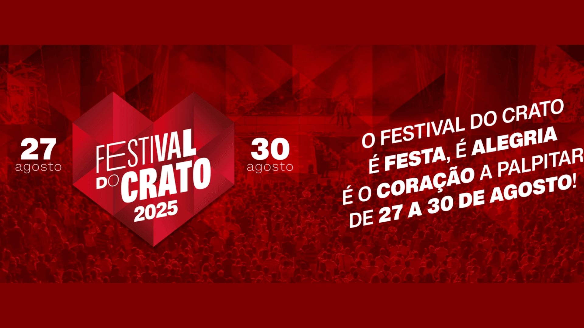 Promotional image for Festival do Crato 2025 in Portugal, with red tones, heart-shaped logo, and event dates from August 27 to 30.