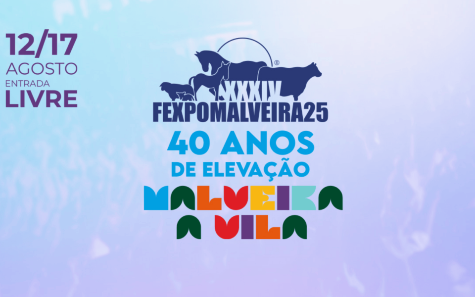 Promotional poster for Fexpomalveira 2025 celebrating the 40th anniversary of Malveira’s elevation to town status. The design features silhouettes of farm animals, vibrant multicolor typography, and event details including free entry and dates from August 12 to 17.