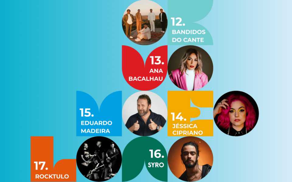 Colorful promotional image showing the daily artist lineup for Fexpomalveira 2025 from August 12 to 17. Includes portraits and names of performers: Bandidos do Cante, Ana Bacalhau, Jéssica Cipriano, Eduardo Madeira, Syro, and Rocktulo, each associated with a specific date. Brightly designed with a modern festival theme.