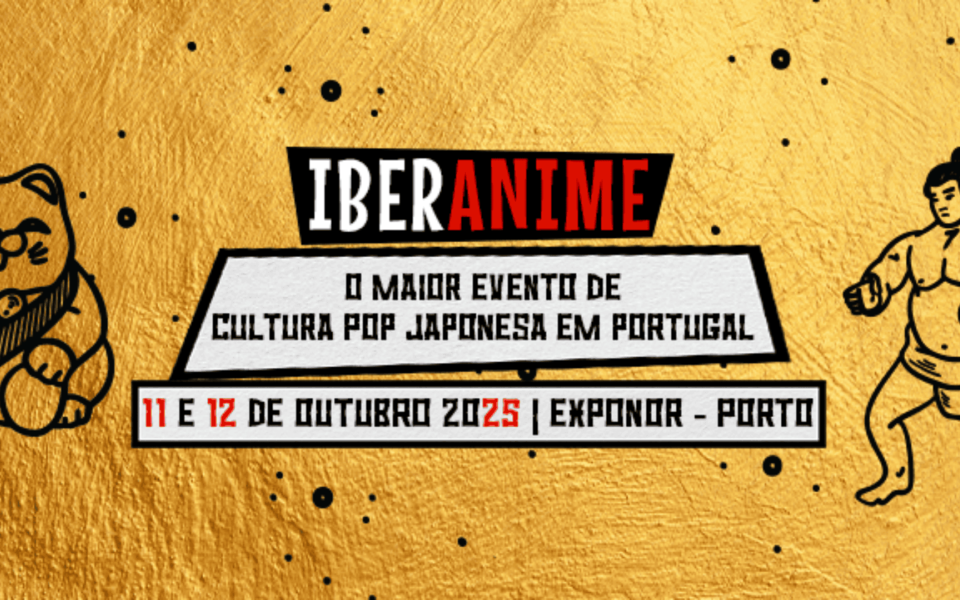 Promotional banner for Iberanime 2025, Portugal’s largest Japanese pop culture event, scheduled for 11–12 October 2025 at Exponor in Porto. The image features Japanese-inspired graphics like a lucky cat and sumo wrestler on a golden background with bold black and red text.