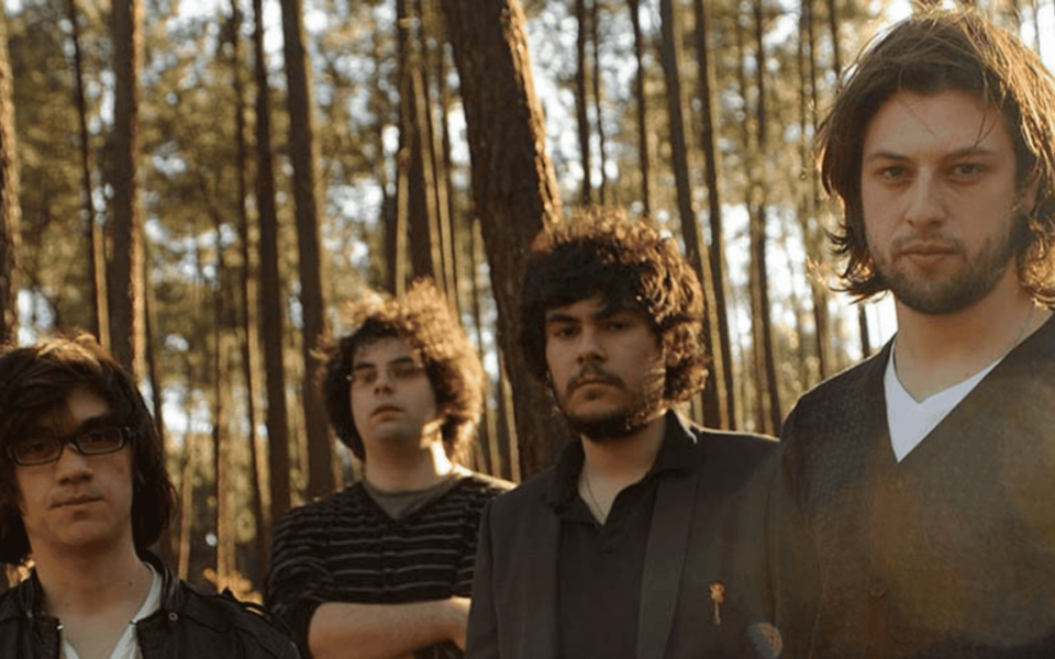 Portuguese indie rock band posing for a promotional photoshoot in a forest in Baltar, Paredes. The image captures four male musicians standing among tall pine trees, with warm natural light and a rustic atmosphere.