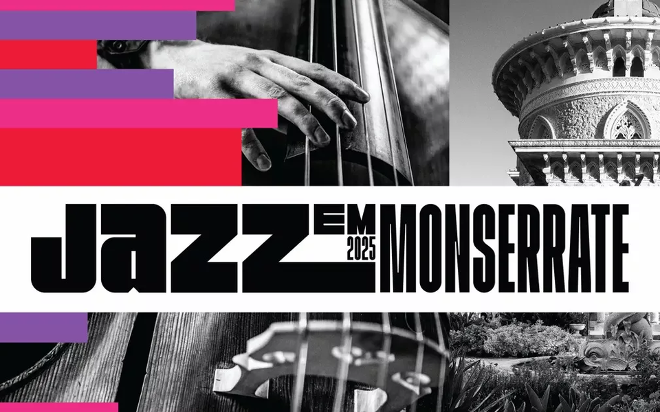 Promotional poster for Jazz em Monserrate 2025 featuring a hand playing double bass and Monserrate Palace in Sintra.