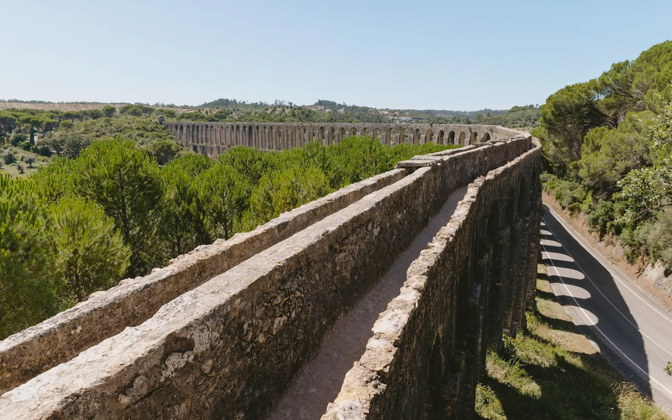 Aqueduct of Pegões in Tomar, Portugal, historic 17th century structure supplying the Convent of Christ.