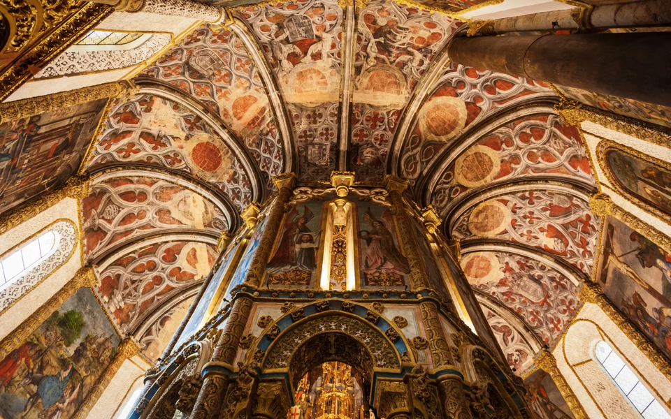 Interior of the Charola in the Convent of Christ, Tomar, Portugal, with Templar frescoes and Manueline decorations.