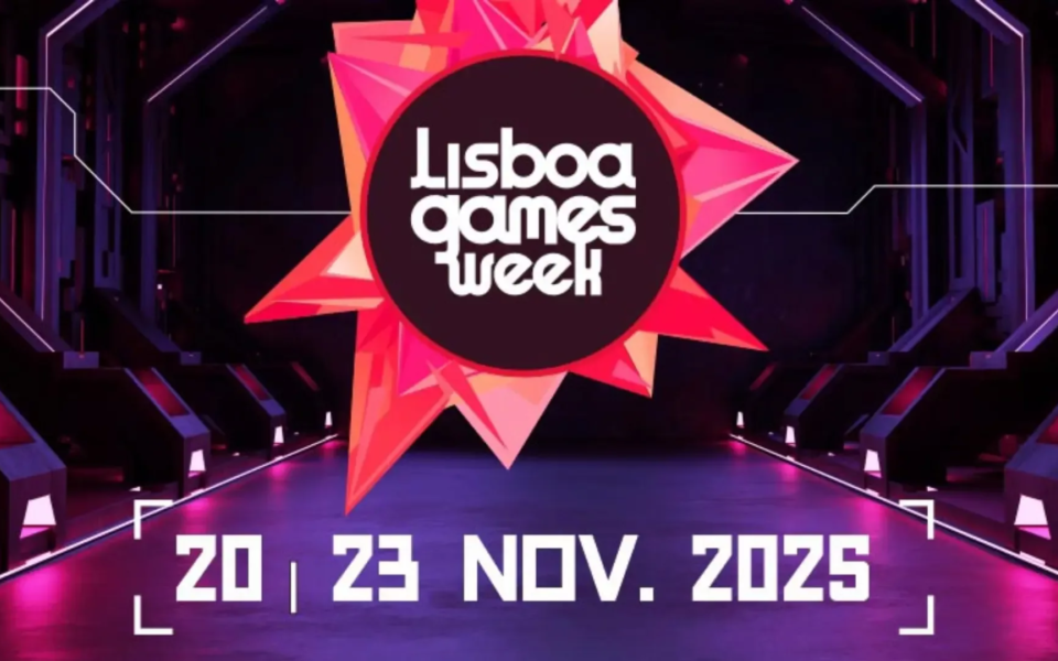 Lisboa Games Week 2025 promotional graphic showing the event’s logo in bold, futuristic typography over a neon-lit sci-fi tunnel background. The event dates, November 20–23, 2025, are displayed in large white text at the bottom, signaling one of Portugal's largest gaming conventions hosted in Lisbon. Ideal for gamers, tech enthusiasts, and eSports fans.