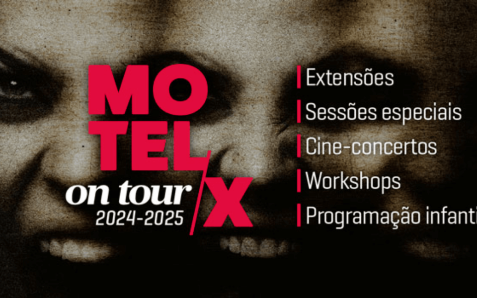 Promotional poster for MOTELX On Tour 2024–2025, featuring horror-themed graphic design with intense facial expressions in sepia tones. Text highlights activities including film extensions, special screenings, cine-concerts, workshops, and children’s programming, all under the brand of the Lisbon International Horror Film Festival.