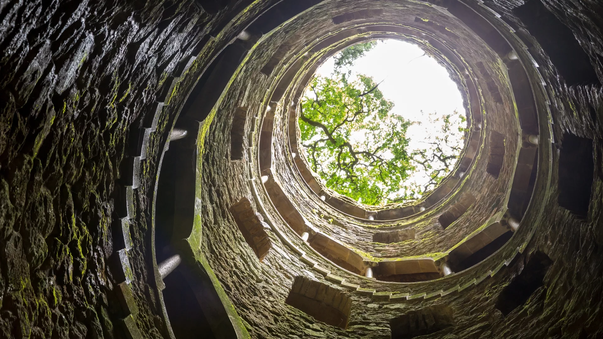 View from the bottom of the Initiation Well in Quinta da Regaleira, Sintra, Portugal.
