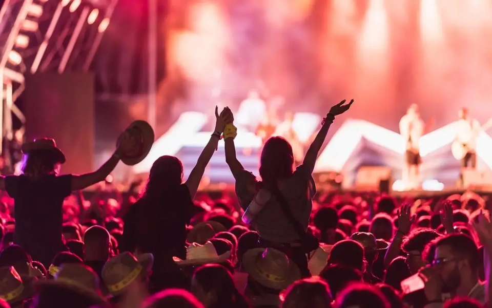 Crowd enjoying a live music concert at a summer festival in Portugal with lights and stage.