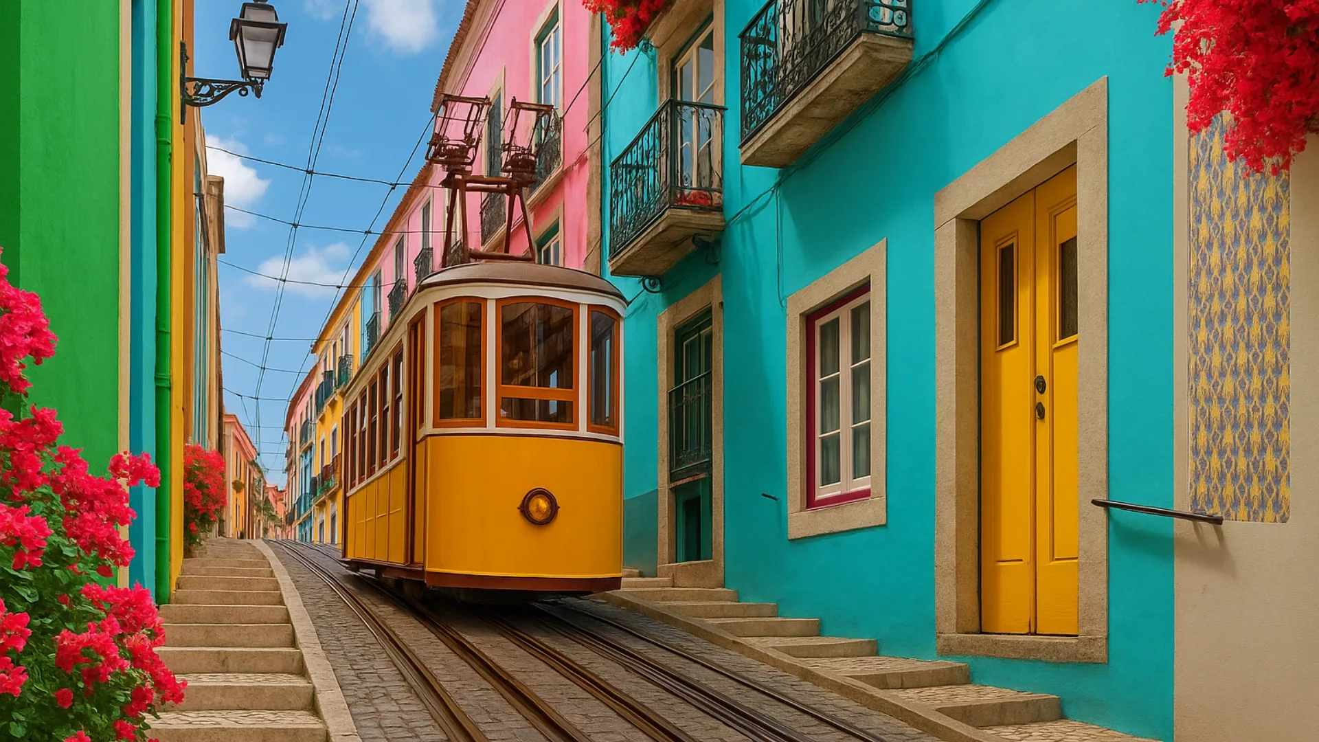 Iconic yellow tram on the Bica funicular line in Lisbon, surrounded by colorful buildings and vibrant bougainvillea.