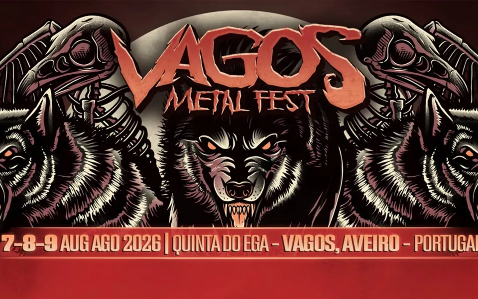 Official artwork for Vagos Metal Fest 2026 in Aveiro, Portugal, featuring wolves and skeletal ravens, with dates 7–9 August 2026 at Quinta do Ega