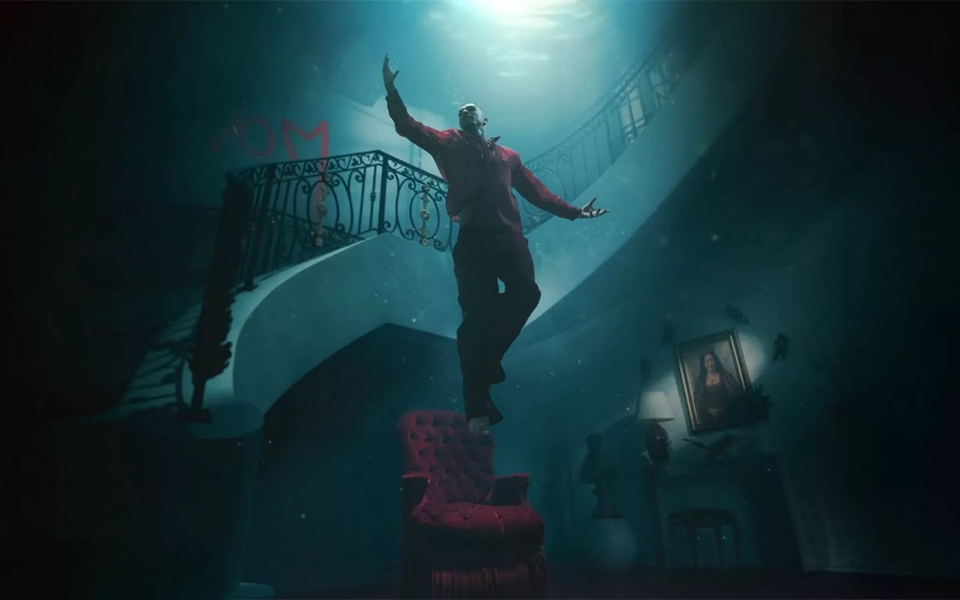 Album cover of EVOM by Brazilian rapper Veigh, showing him underwater in a surreal luxurious house with a red armchair and staircase